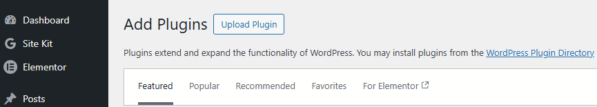WordPress admin Add Plugins page with the Upload Plugin button highlighted