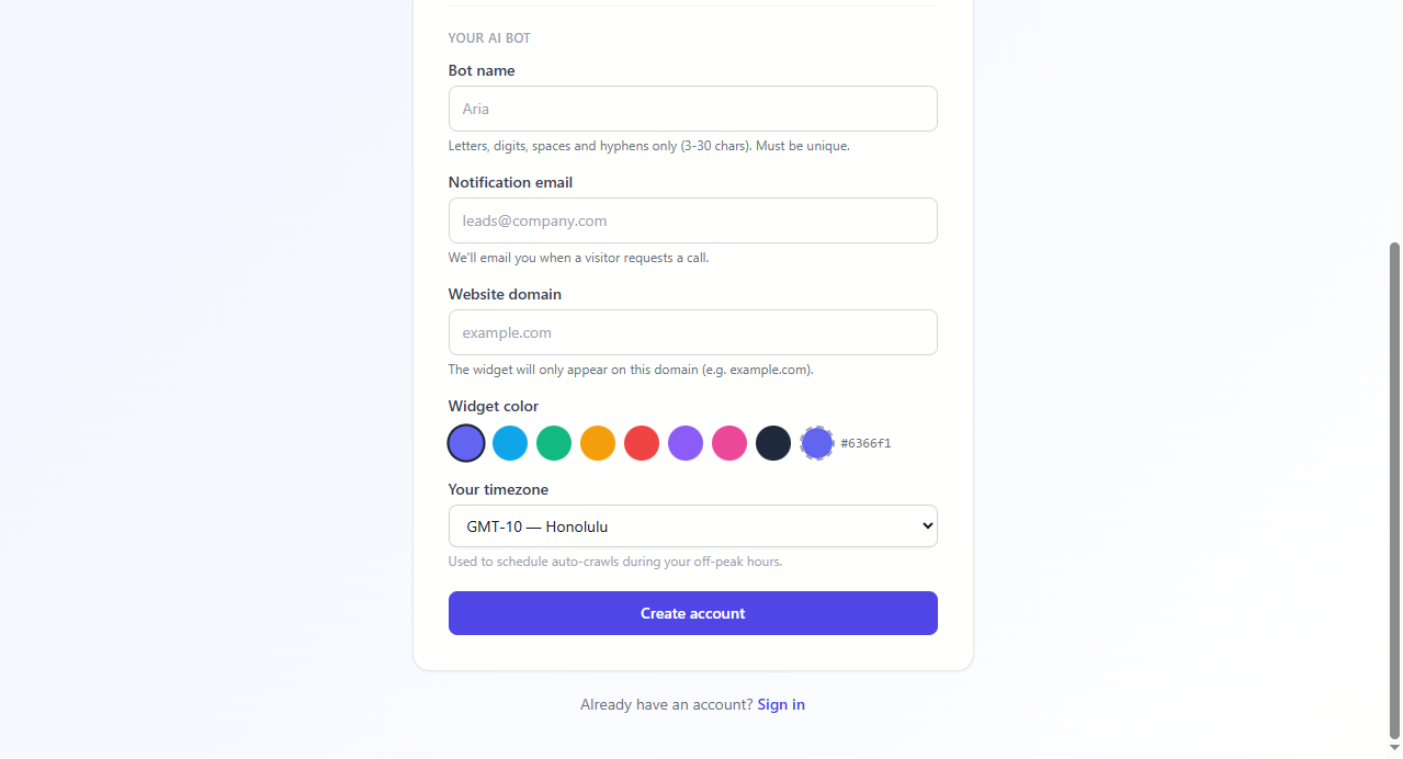 Bot configuration section of sign-up form showing bot name, notification email, domain, colour picker, and timezone fields