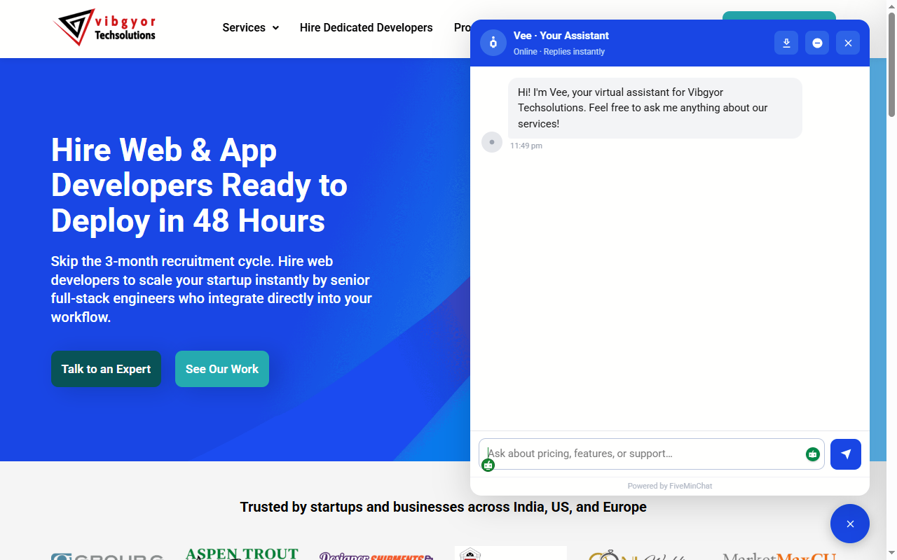 Chat widget open in the bottom-right corner of a website with a conversation happening