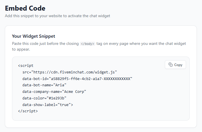 Embed Code page showing the script tag snippet and Copy button