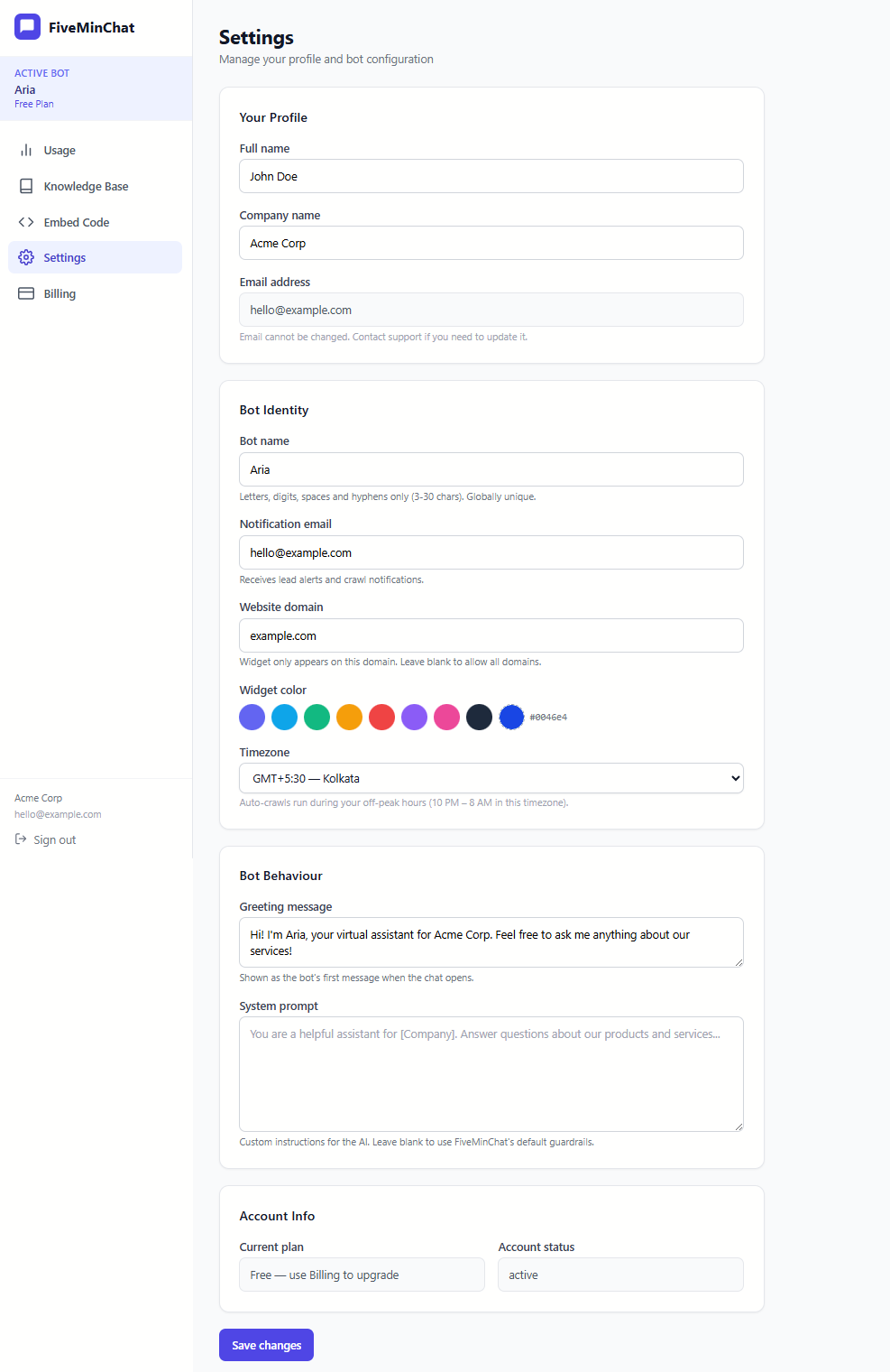 Bot Settings page showing all fields: name, widget colour, greeting message, notification email, domain, timezone, and system prompt