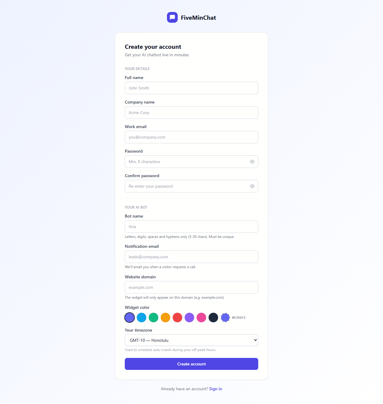 Sign-up page showing the registration form with Your Details and Your AI Bot sections